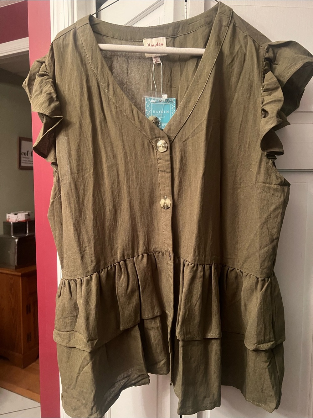 Hayden Olive Green Tiered Ruffle Button Front Blouse
